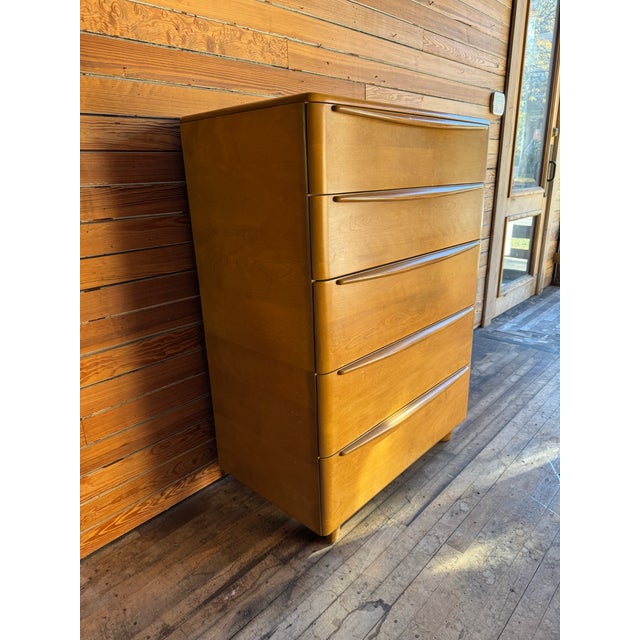 Mid-Century Modern 1950s Heywood-Wakefield M522 Encore 5-Drawer Highboy Dresser in Wheat Finish For Sale - Image 3 of 9