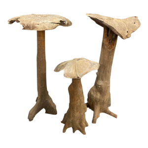 Set of Vintage Organic Teak Driftwood Mushroom Sculptures, 3 Pieces