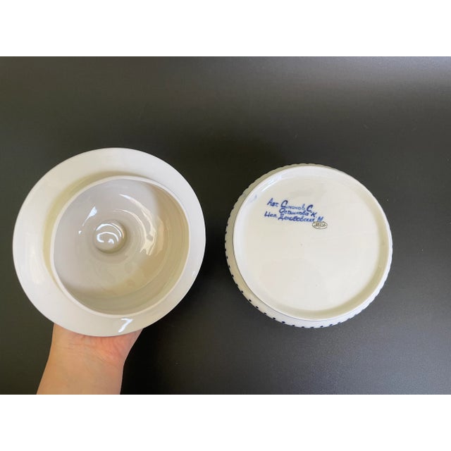 Blue Vintage Gzhel Porcelain Lidded Trinket Box With Woman Play Guitar Finial For Sale - Image 8 of 13