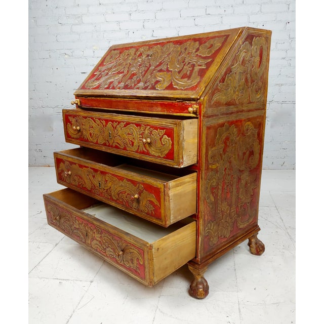 18th Century Spanish Baroque Red & GIlt Painted Slant Front Desk For Sale - Image 4 of 12