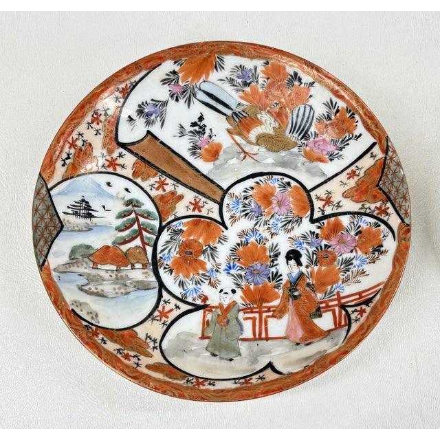 Ceramic Antique Japanese Kutani Eggshell Porcelain Cups & Saucers - a Pair For Sale - Image 7 of 9