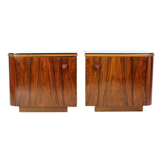Art Deco Bedside Tables in Walnut and Black Glass, Czechoslovakia, 1940s, Set of 2 For Sale