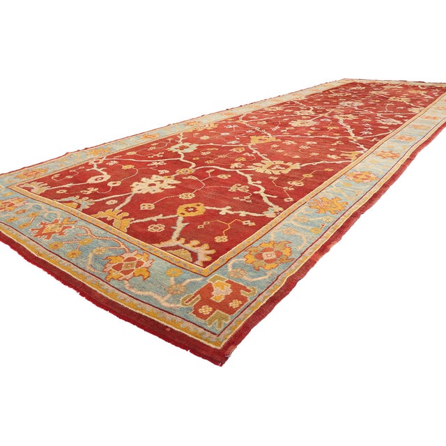 73536 Late 19th Century Antique Turkish Oushak Rug, 07'09 x 23'05. Like a radiant trail of Anatolian fire weaving through...