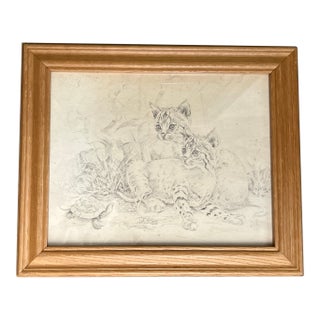 1970’s Original Cat Family & Turtle Pencil Drawing For Sale