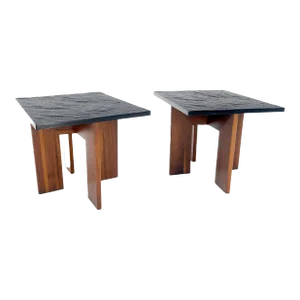 Adrian Pearsall Walnut Bases Slate Like Tops End Side Tables Stands MINT - A Pair