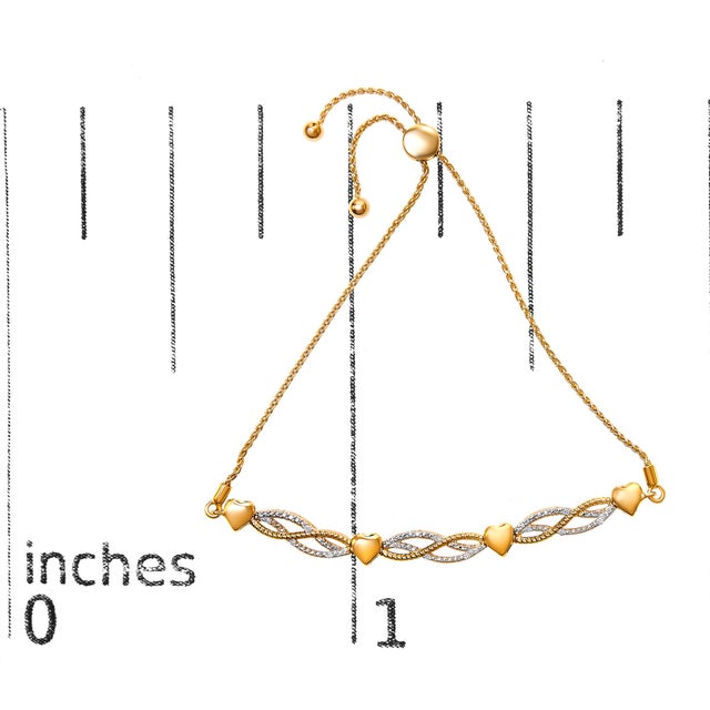 Early 21st Century 14K Yellow Gold Plated .925 Sterling Silver 1/10 Cttw Diamond Wave and Hearts Bolo Bracelet (I-J Color, I2-I3 Clarity) - 4"-10" Adjustable For Sale - Image 5 of 5