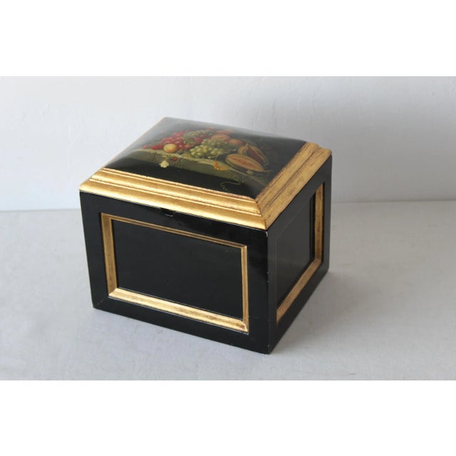 Chinoiserie Lacquered Wood Gold Finish Lidded Box Fruit Still Life Decal Detail Vintage Mid Century For Sale - Image 11 of 11