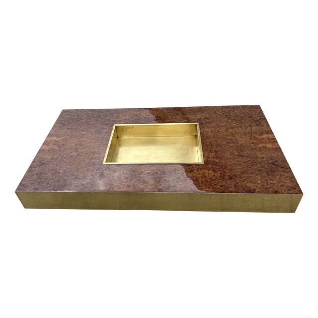 Italian Coffee Table in Walnut Burl and Brass, 1970 For Sale