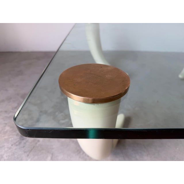 Hollywood Regency Vintage Faux Elephant Tusk & Brass Cup Glass Coffee Table For Sale - Image 3 of 12