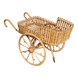 Italian Riviera-Style Bamboo and Rattan Drinks Cart or Trolley - Mid-Century Era