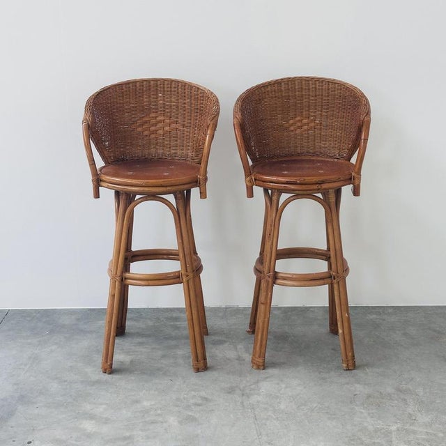Swivel Rattan Bar Stools, France, 1970s, Set of 2 For Sale - Image 11 of 13