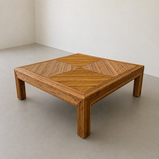 Tan Vintage 1970s Pencil Reed Rattan Coffee Table Square Mid Century Modern For Sale - Image 8 of 10