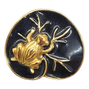 Vintage 1991 Signed Mimi Di N Goldtone & Black Enamel Frog on a Lillypad Brooch