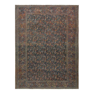 1850s Navy Floral Paisley Antique Persian Moud Rug 5' 9''x 7' 9'' Knotted Wool Carpet For Sale