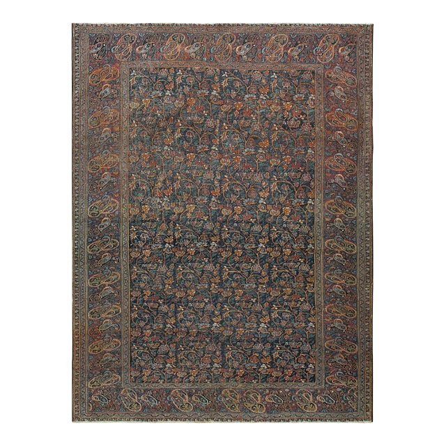 1850s Navy Floral Paisley Antique Persian Moud Rug 5' 9''x 7' 9'' Knotted Wool Carpet For Sale