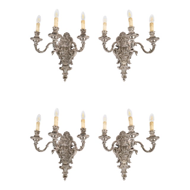 Antique French Silver Plated Wall Lights, 1890s, Set of 4 For Sale