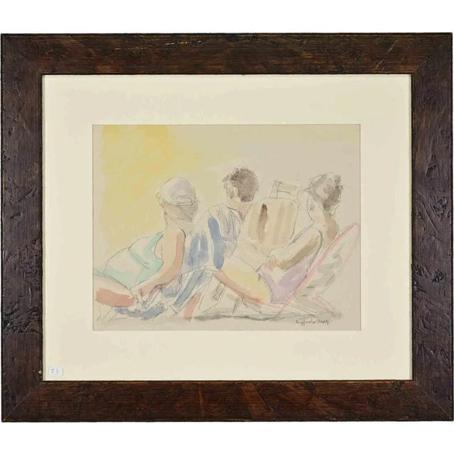1980s Sigfrido Oliva, At the Beach, Pencil and Watercolor, 1980s, Framed For Sale - Image 5 of 5
