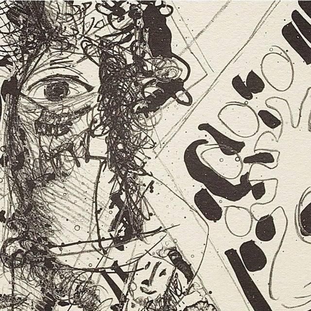 Abstracted serigraph composition with geometric shapes and figures with a face submerging from the middle. 10/80. Shlomo...