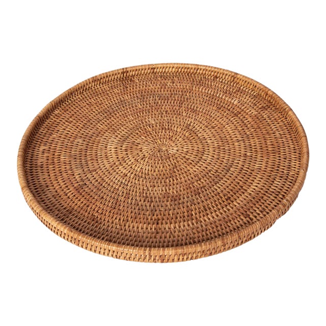 Artifacts Rattan Round Flat Tray in Honey Brown - 16" For Sale