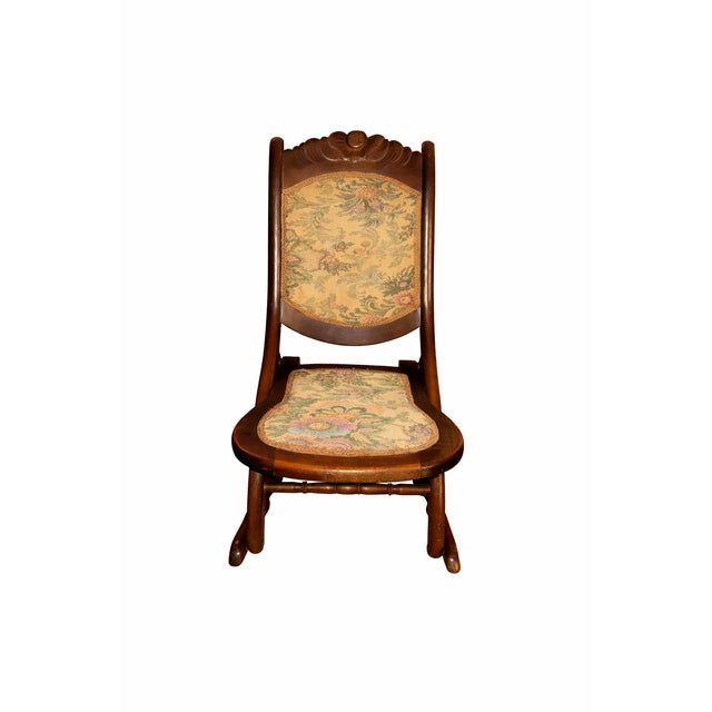 Antique Wooden Folding Rocking Chair with Floral Upholstery, 1920s For Sale - Image 3 of 6