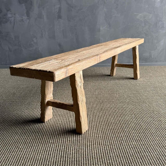 Rustic 1970s Reclaimed Elm Wood Rustic Wide Seat Bench For Sale - Image 3 of 6