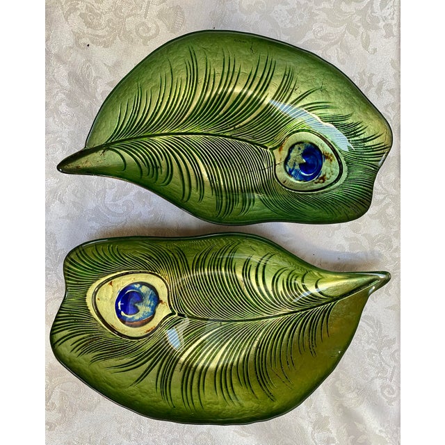 Pair Vintage 1960s Mid-Century Modern Reverse Painted Art Glass Peacock Feather Reverse Painted Bowls For Sale - Image 10 of 10