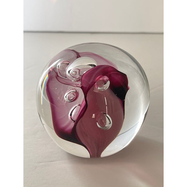 Clear and Magenta Glass Signed Studio Paperweight With Bubble Inclusions For Sale - Image 4 of 10