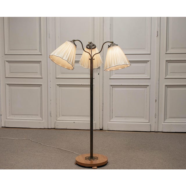 Brass and Copper Floor Lamp with Three Satin Shades, Sweden, 1940s For Sale - Image 10 of 11