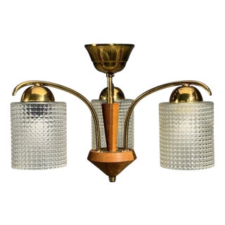 1950s Swedish Modern, Small Pendant Light, Brass, Teak, Textured Glass, Sweden For Sale