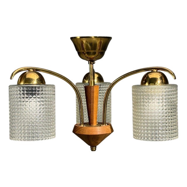 1950s Swedish Modern, Small Pendant Light, Brass, Teak, Textured Glass, Sweden For Sale