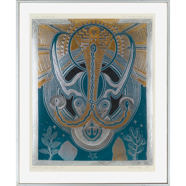 A dazzling visionary art print with psychedelic patterned imagery in metallic silver, blue, and yellow by Ian McNeil Cooke...