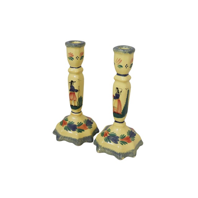 Rustic European French H B Quimper Faience Ceramic Candlesticks, a Pair For Sale - Image 3 of 8