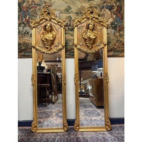 French Louis XVI Style Giltwood and Plaster Figural Beveled Mirrors, Set of 2 For Sale - Image 6 of 6