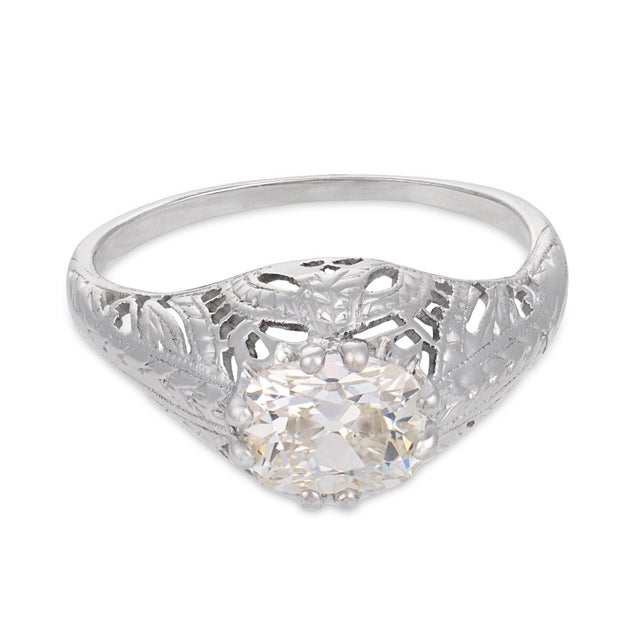 Art Deco 1930s Art Deco Gia 0.91 Carat East West Old Mine Cut Diamond 18k Gold Engagement Ring, Size 5.25 For Sale - Image 3 of 8
