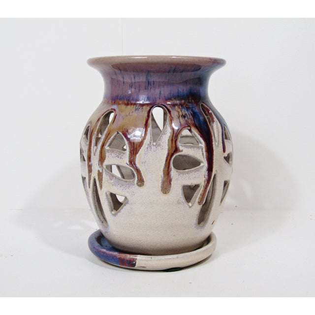 Signed Studio Pottery Pierced Luminary Candle Holder With Matching Dish For Sale In Austin - Image 6 of 13