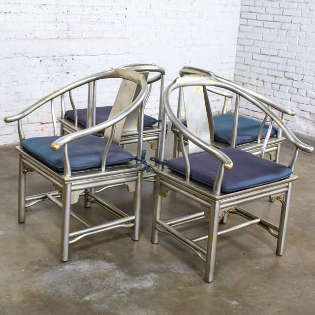 Drexel Heritage Late 20th Century Ming Treasures Yoke Back Gold/Silver Leaf Dining Chairs by Drexel Heritage Set of 4 For Sale - Image 4 of 18