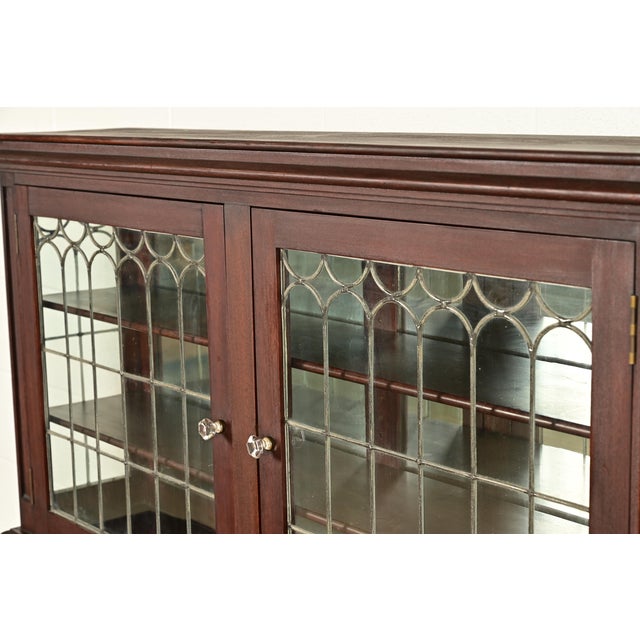 Brown Charles Rohlfs Antique Arts & Crafts Carved Mahogany Sideboard or Bar Cabinet With Leaded Glass Doors, Circa 1900 For Sale - Image 8 of 15