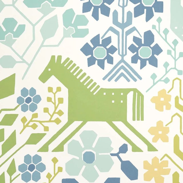 Folk Art SAMPLE - Schumacher Lupita Wallpaper In Blues And Greens For Sale - Image 3 of 4