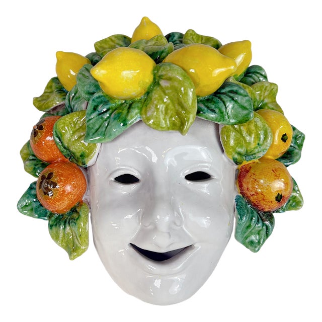 Vintage Sicilian Ceramic Lemon & Citrus Wall Mask Sculpture For Sale