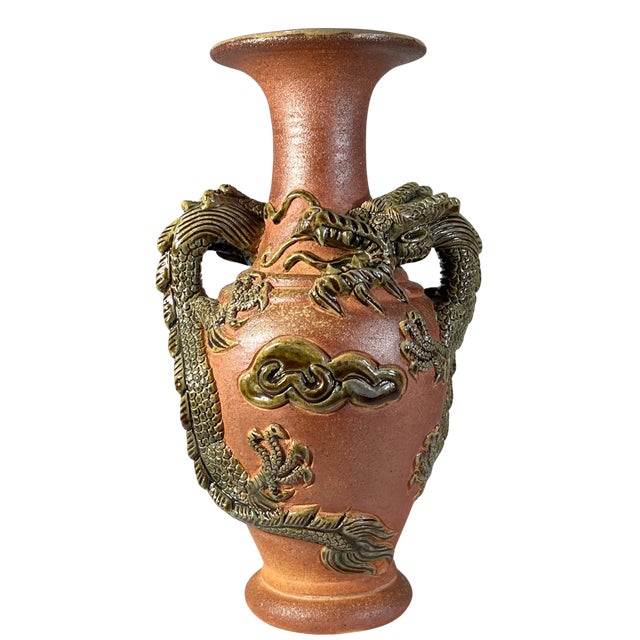 11+ In. Tall Vintage Japanese Tokoname-Yaki Style Pottery Vase Dark Green Glaze Dragon For Sale - Image 9 of 16