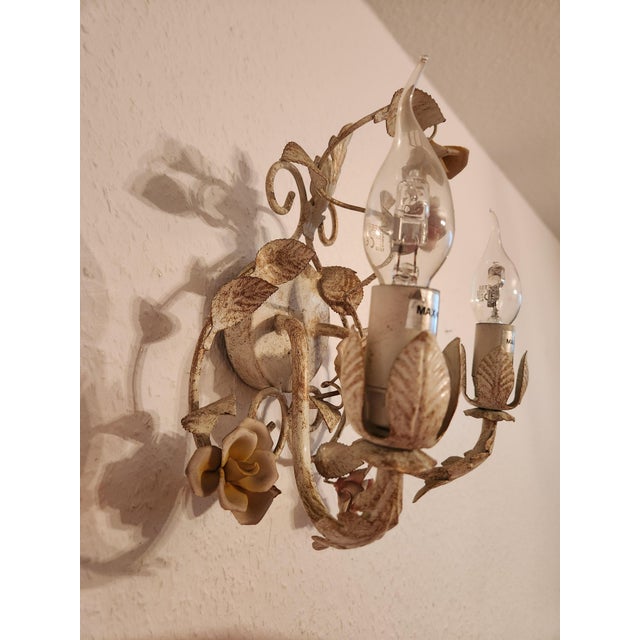 Cream Vintage Wall Lamp with Floral Porcelain Elements, 1950s For Sale - Image 8 of 16