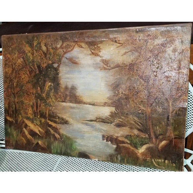 We love this almost brutalist, impressionist style framed forest creek scene oil painting by S. Kurtz, 1890-1920, original...