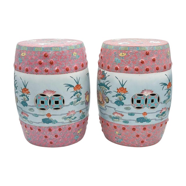 Late 20th Century Pair of Famille Rose Porcelain Garden Stools With Floral and Figural Motifs For Sale In Tampa - Image 6 of 11