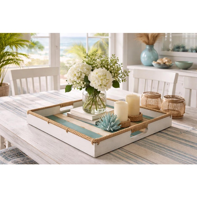 Large Coastal Rope-Handled Ottoman Tray – Weathered Beach House Wood Serving Tray, 19” Square For Sale In Los Angeles - Image 6 of 6