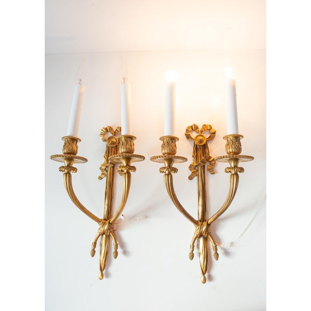 1930s Large French Louis XVI Style Gilt Bronze Wall Sconces, 1890s, Set of 2 For Sale - Image 5 of 11