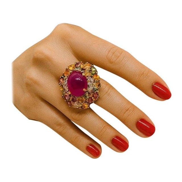Burnt Orange Bochic “Orient” Vintage Ruby, Diamond & Multi Sapphire Ring Set In 18K Gold & Silver For Sale - Image 8 of 10