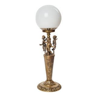 1960s Italian Neoclassical Brass Lamp With Cherubs & Opaline Globe – Expertly Restored For Sale