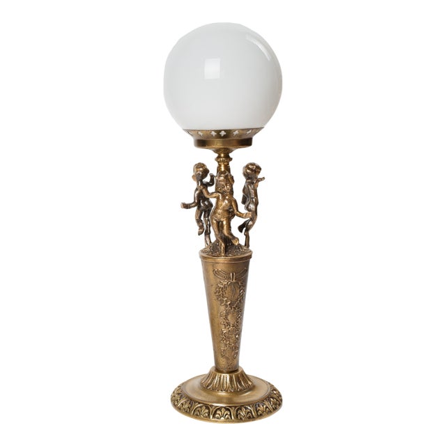 1960s Italian Neoclassical Brass Lamp With Cherubs & Opaline Globe – Expertly Restored For Sale