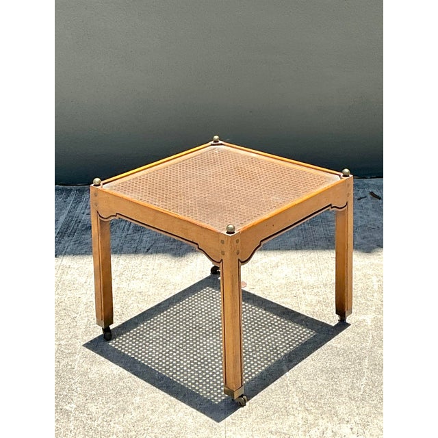 Mid-Century Modern Vintage Brass Detail Cane Inset Drinks Table For Sale - Image 3 of 12
