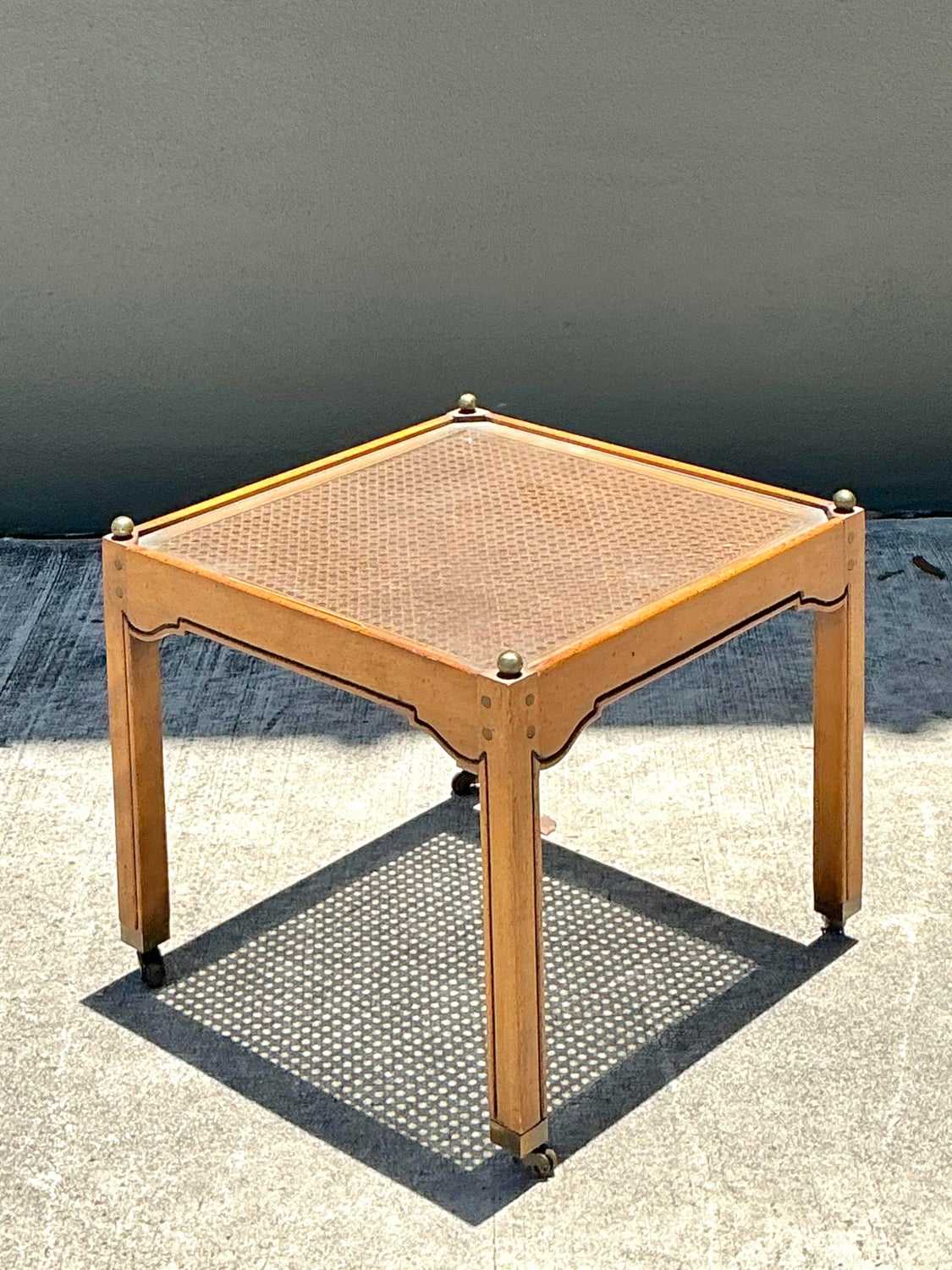 Vintage Brass Detail Cane Inset Drinks Table - Side view